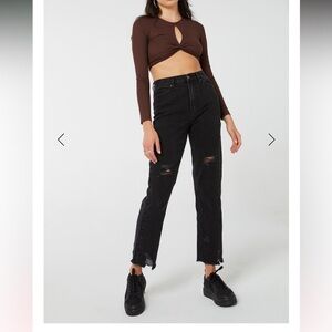 Ardene Straight Jambe Droite High Ride Black Distressed Jeans Size 3/4